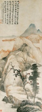 Arte Tradicional Chino Painting - Árbol rojo de Shitao en las montañas del viejo chino